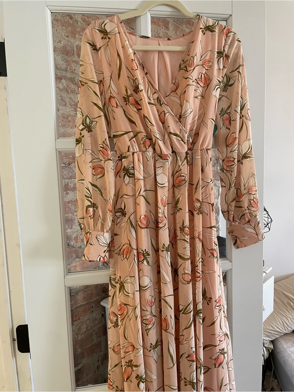 Maternity Blush Pink Floral Maxi Dress with Long Sleeves